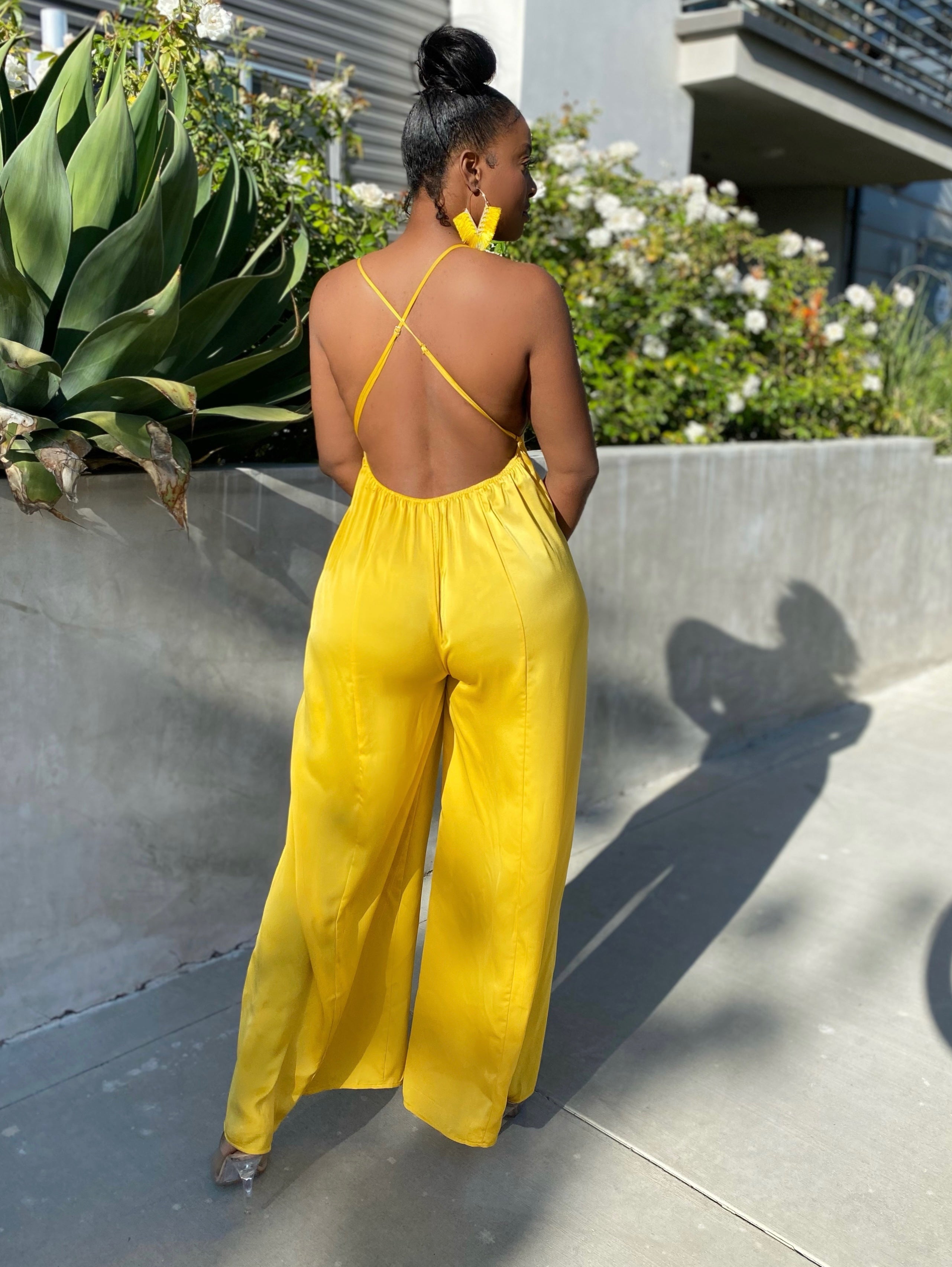 Yellow backless sales jumpsuit